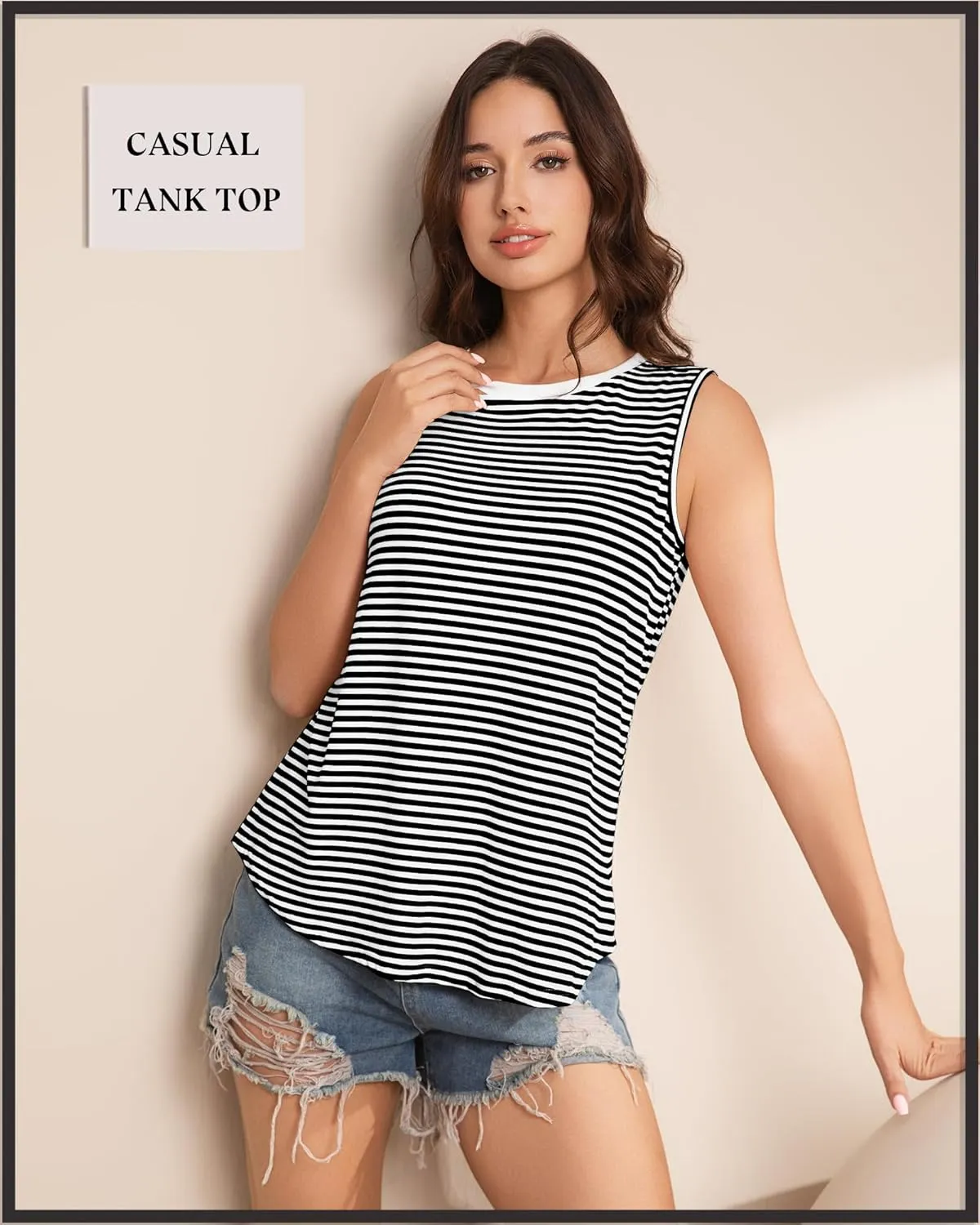Women's Casual Striped Spring Summer Tank Tops Crew Neck Sleeveless Shirts Loose Basic Trendy Fashion Clothes