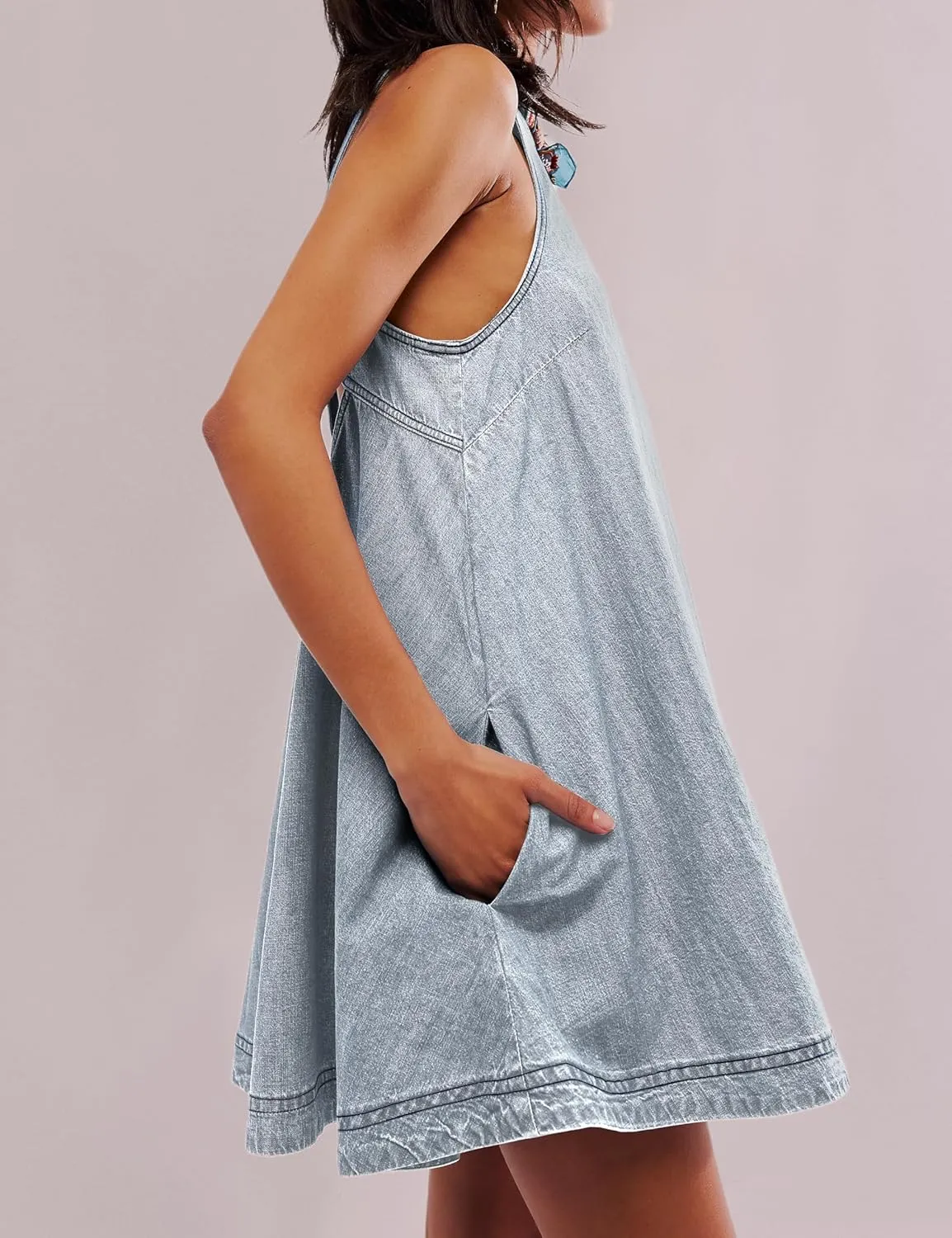 Women??s Denim Dress Summer Casual Sleeveless Jean Mini Dresses with Pockets