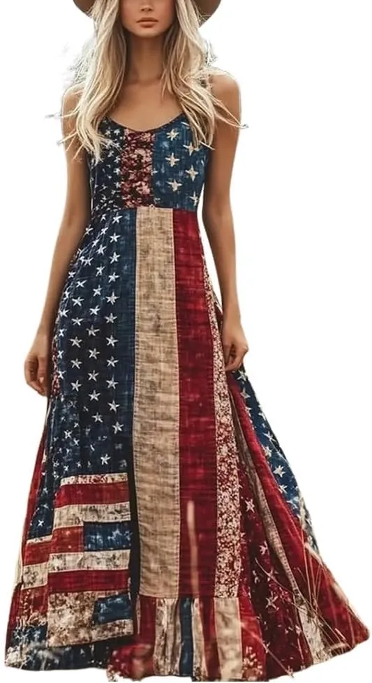 Women's Independence Day Patch Art Line Dress Floral American Flag Maxi Dresses