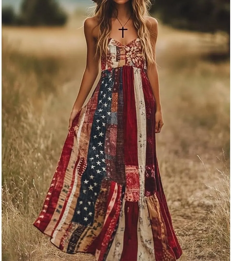 Women's Independence Day Patch Art Line Dress Floral American Flag Maxi Dresses