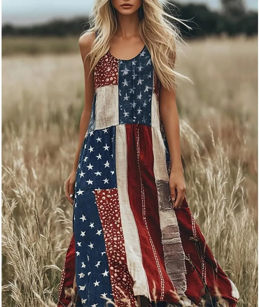 Women's Independence Day Patch Art Line Dress Floral American Flag Maxi Dresses