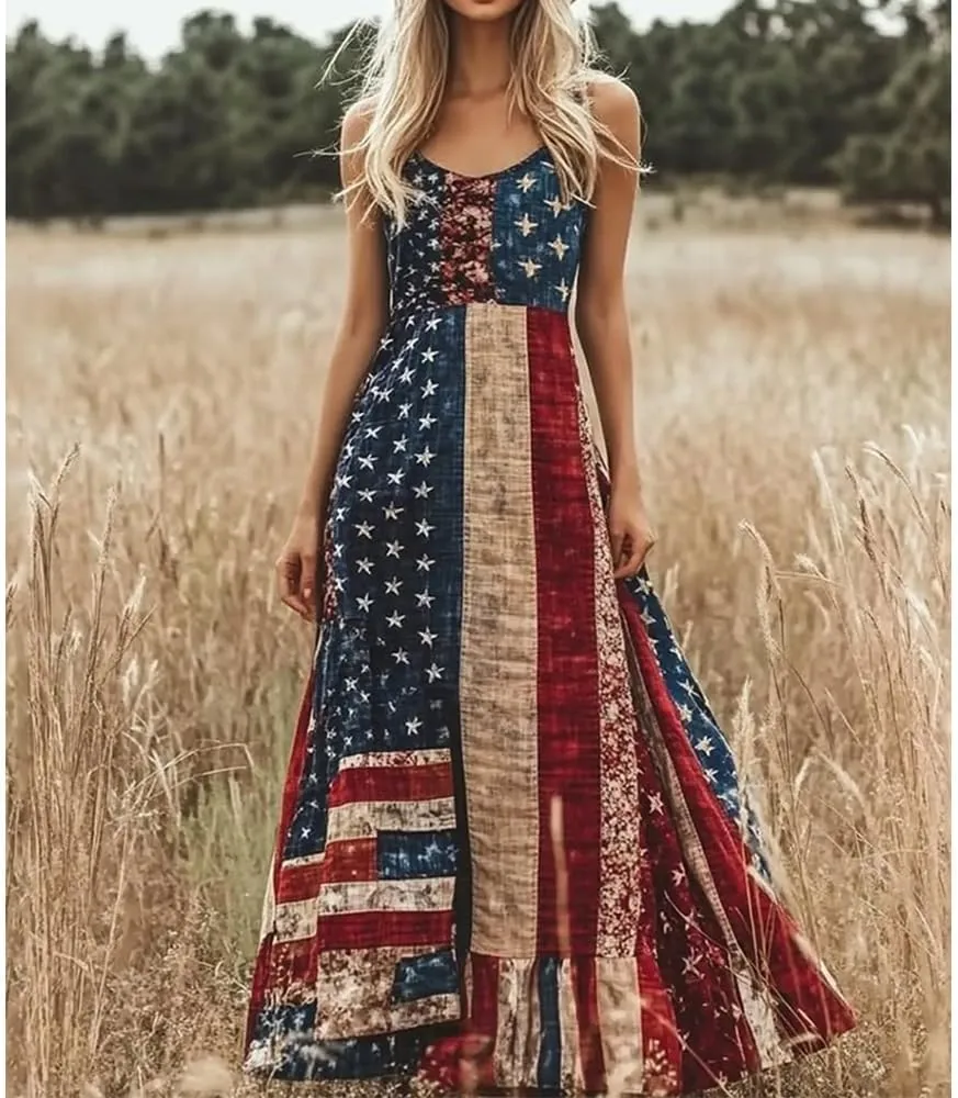 Women's Independence Day Patch Art Line Dress Floral American Flag Maxi Dresses