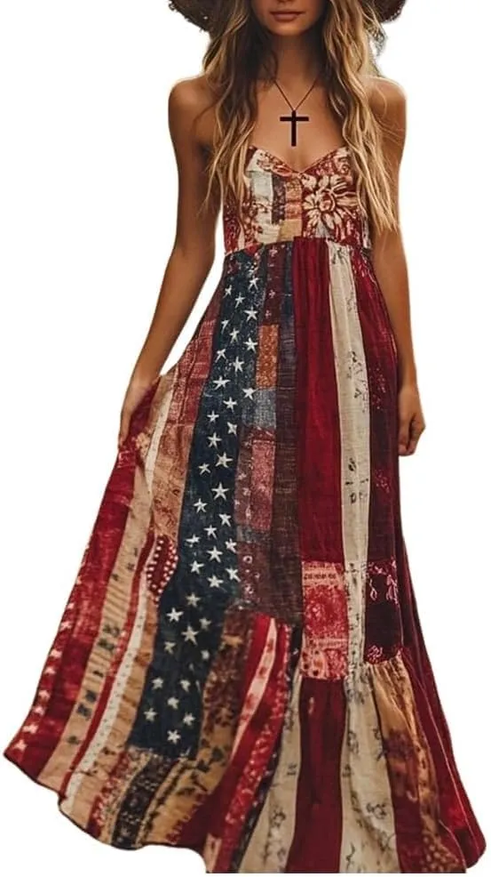 Women's Independence Day Patch Art Line Dress Floral American Flag Maxi Dresses