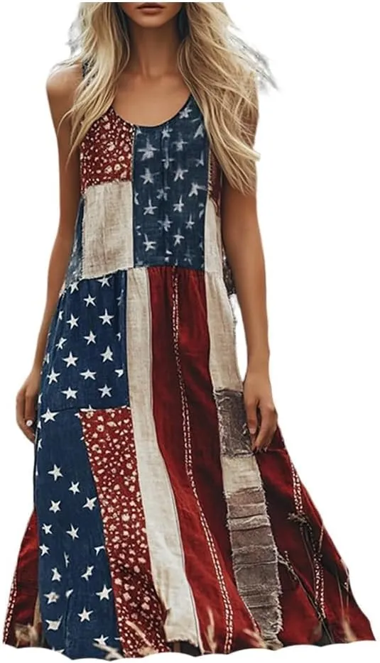 Women's Independence Day Patch Art Line Dress Floral American Flag Maxi Dresses