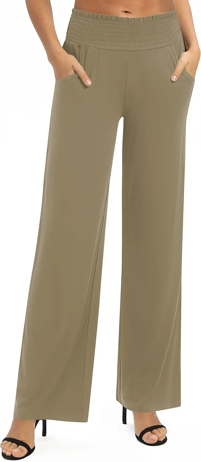 Women's Loose Straight Leg Palazzo Pants High Elastic Waist Causal Trousers with Pockets