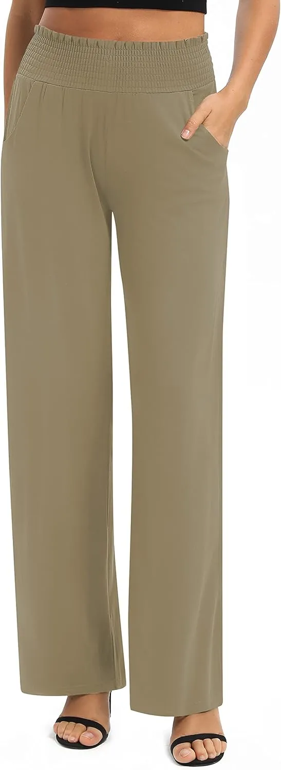 Women's Loose Straight Leg Palazzo Pants High Elastic Waist Causal Trousers with Pockets