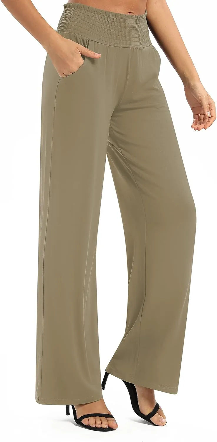 Women's Loose Straight Leg Palazzo Pants High Elastic Waist Causal Trousers with Pockets