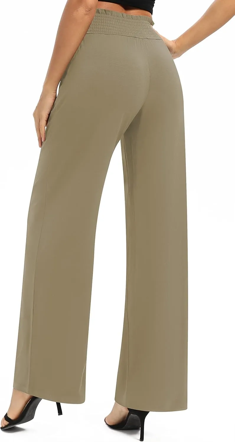 Women's Loose Straight Leg Palazzo Pants High Elastic Waist Causal Trousers with Pockets