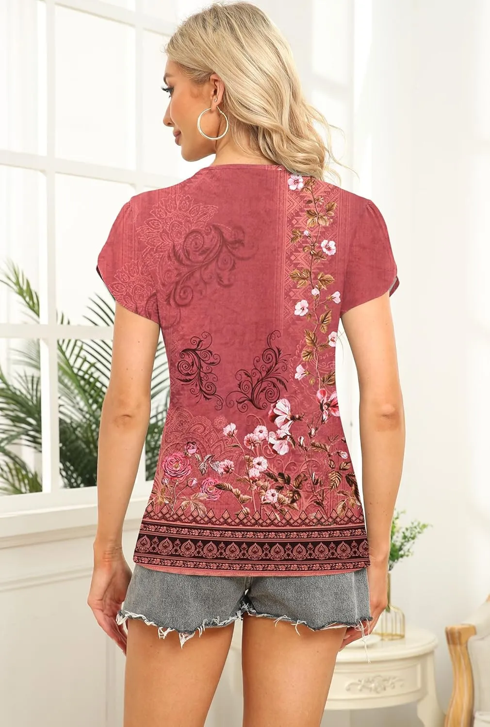 Womens Petal Sleeve Tops Summer Trendy T Shirt Casual Loose Square Neck Button Blouse Tees