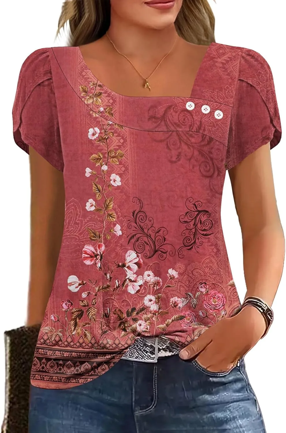 Womens Petal Sleeve Tops Summer Trendy T Shirt Casual Loose Square Neck Button Blouse Tees