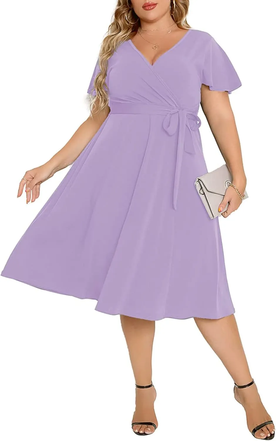 Women's Plus Size Flutter Sleeve Dress Deep V Neck A-Line Swing Midi Dresses