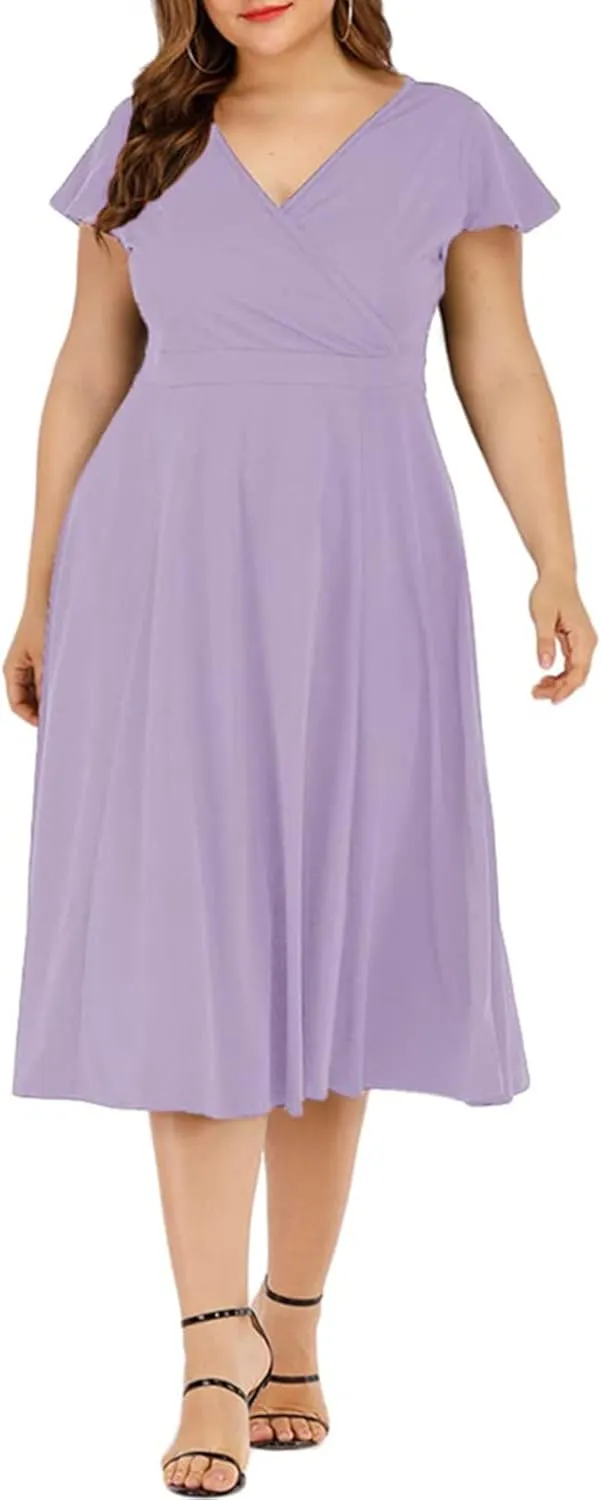 Women's Plus Size Flutter Sleeve Dress Deep V Neck A-Line Swing Midi Dresses