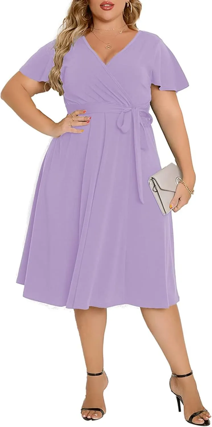 Women's Plus Size Flutter Sleeve Dress Deep V Neck A-Line Swing Midi Dresses