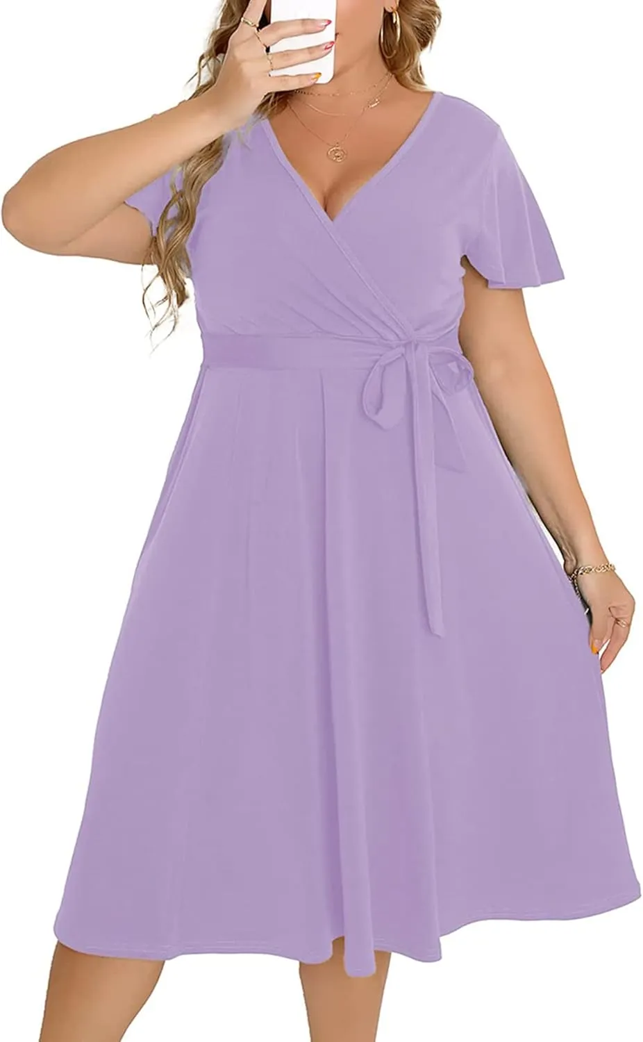 Women's Plus Size Flutter Sleeve Dress Deep V Neck A-Line Swing Midi Dresses