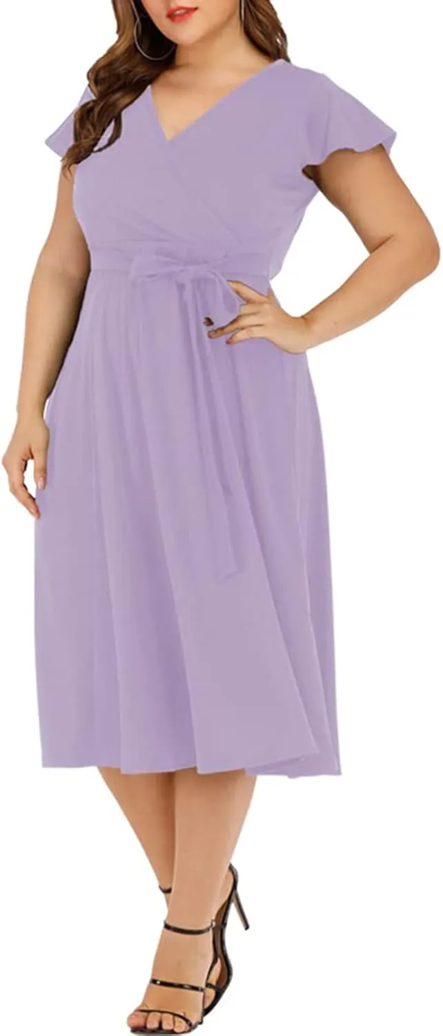 Women's Plus Size Flutter Sleeve Dress Deep V Neck A-Line Swing Midi Dresses