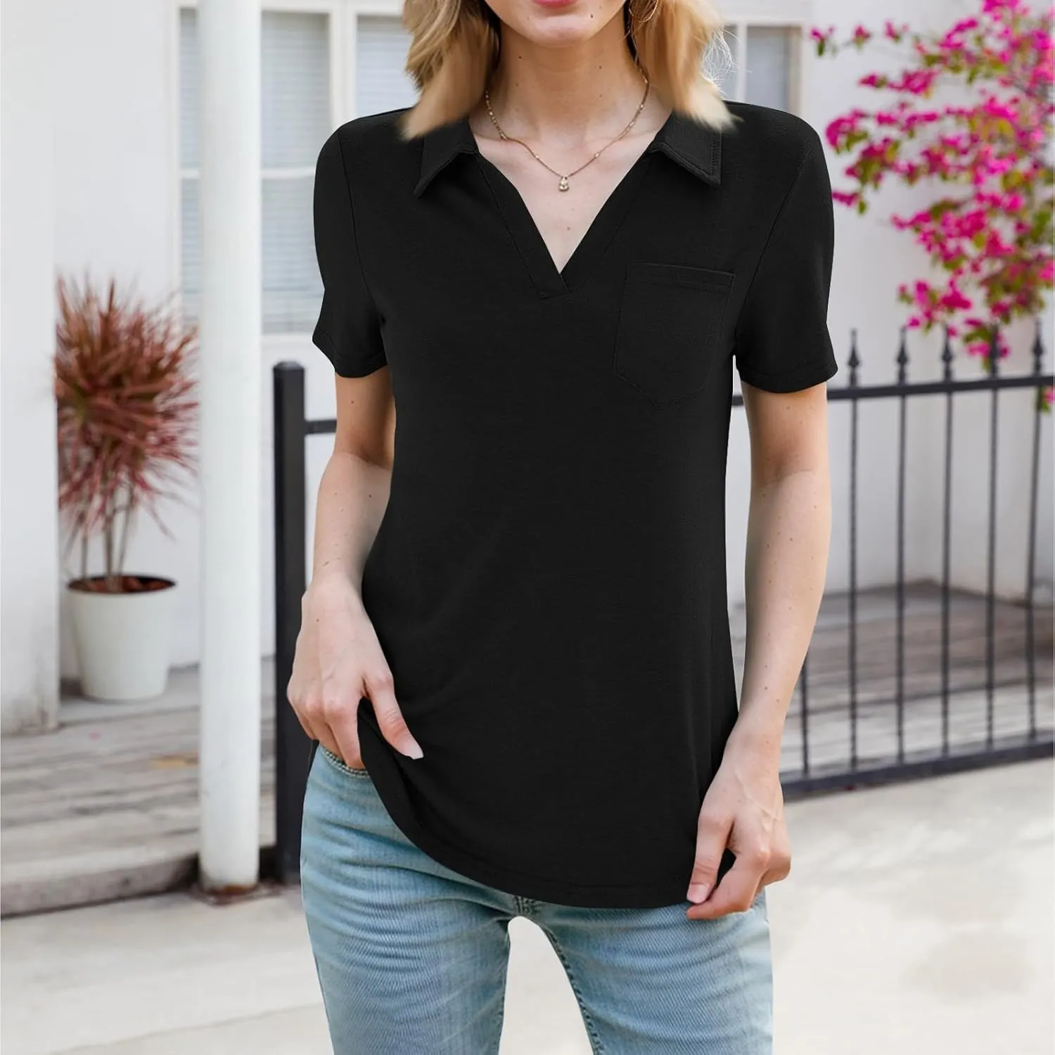 Women's Polo Shirts Lapel Collar V Neck Blouse Dressy Casual Tunic Tops Business Work Casual Dressy Basic Blouses