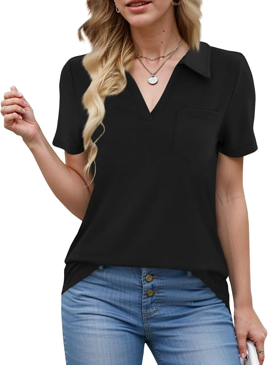 Women's Polo Shirts Lapel Collar V Neck Blouse Dressy Casual Tunic Tops Business Work Casual Dressy Basic Blouses