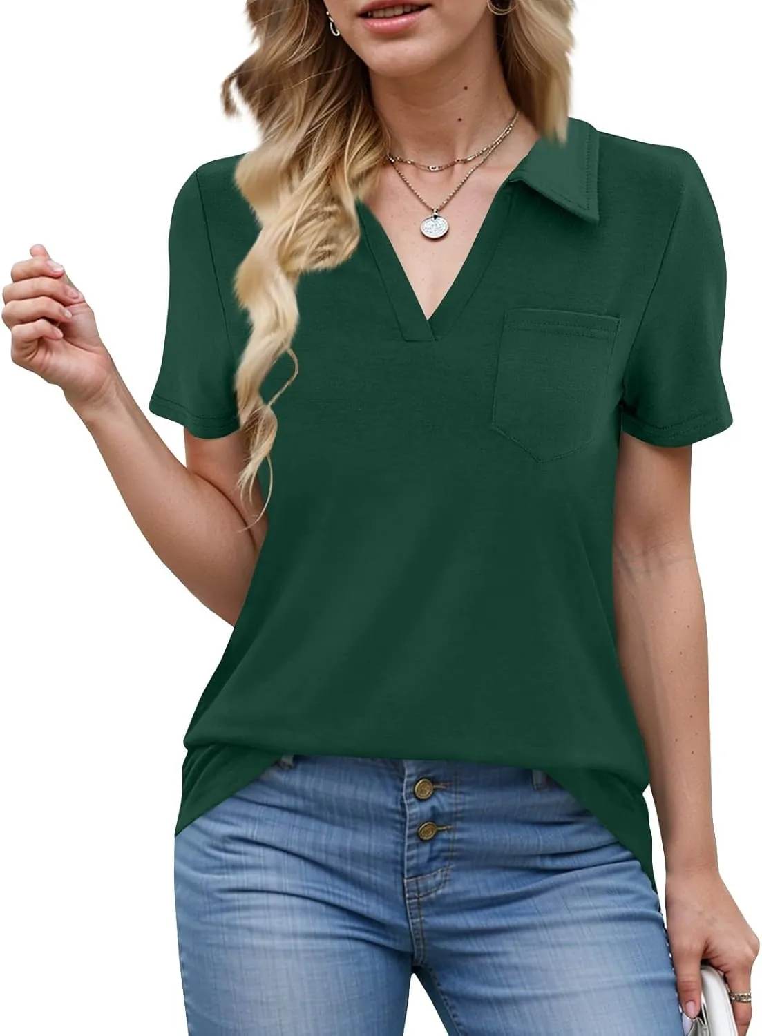 Women's Polo Shirts Lapel Collar V Neck Blouse Dressy Casual Tunic Tops Business Work Casual Dressy Basic Blouses
