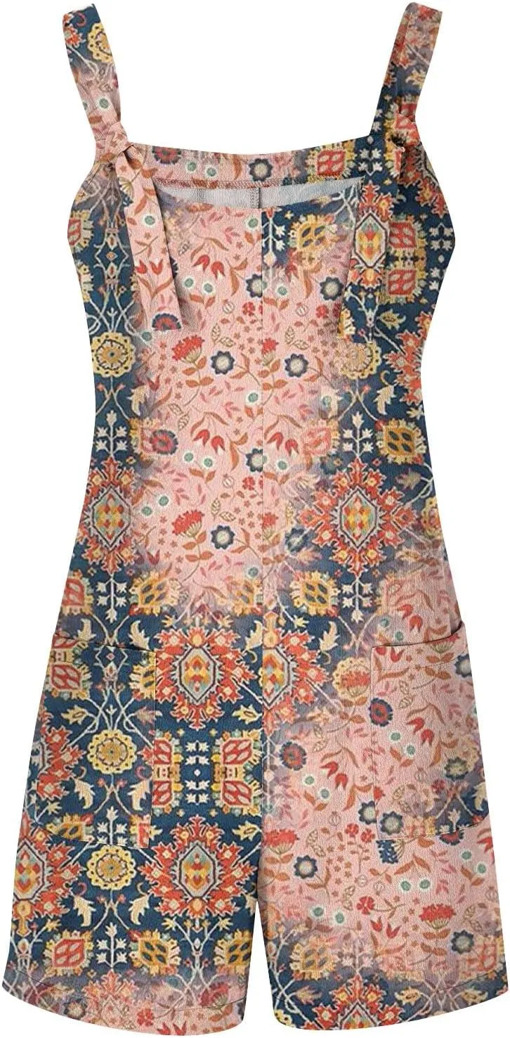 Womens Rompers And Jumpsuits Shorts Summer Casual Sleeveless Graphic Adjustable Strap Loose Fit Overalls With Pockets