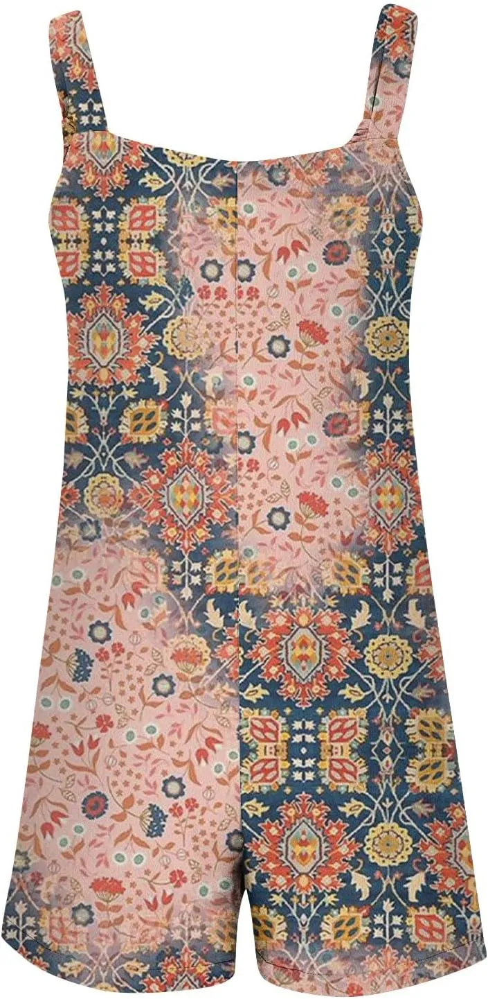 Womens Rompers And Jumpsuits Shorts Summer Casual Sleeveless Graphic Adjustable Strap Loose Fit Overalls With Pockets