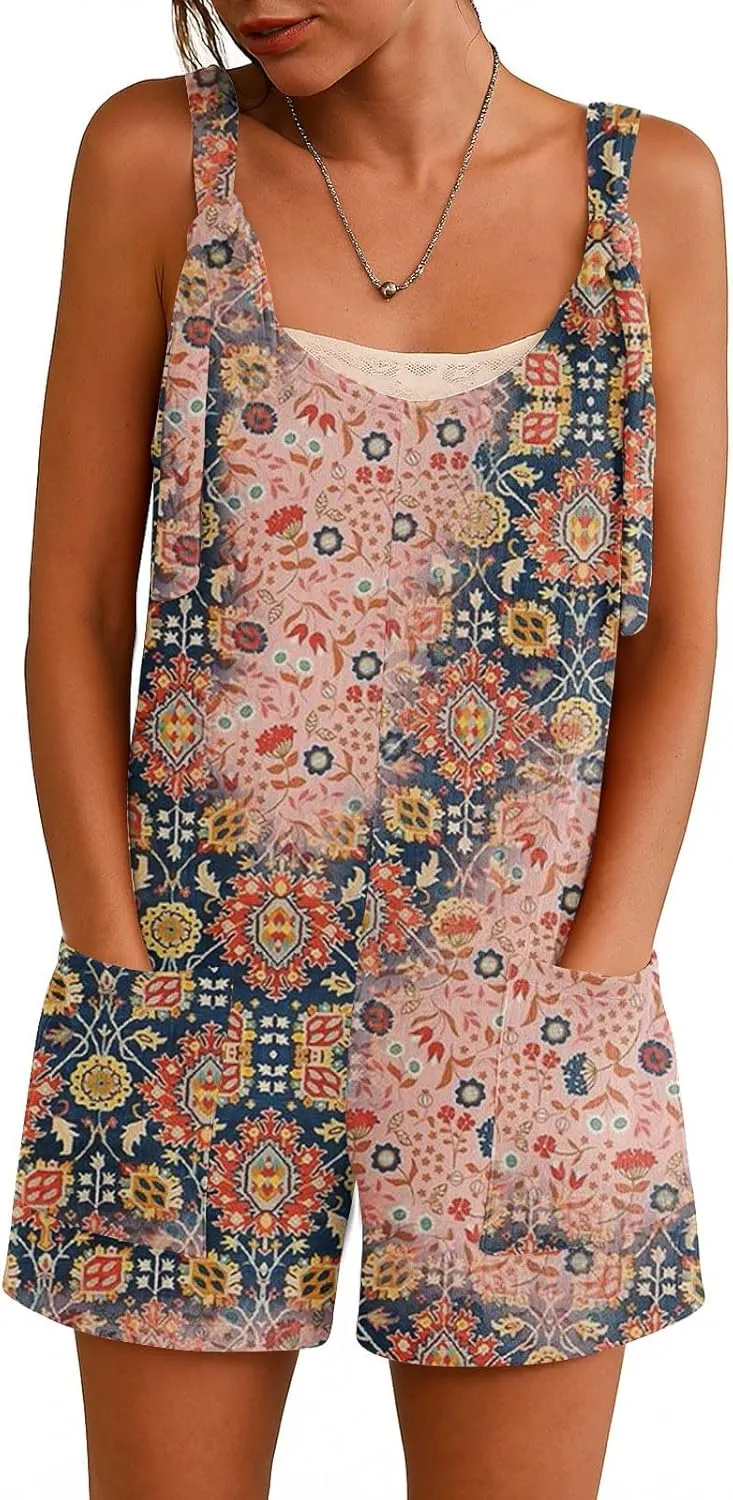 Womens Rompers And Jumpsuits Shorts Summer Casual Sleeveless Graphic Adjustable Strap Loose Fit Overalls With Pockets