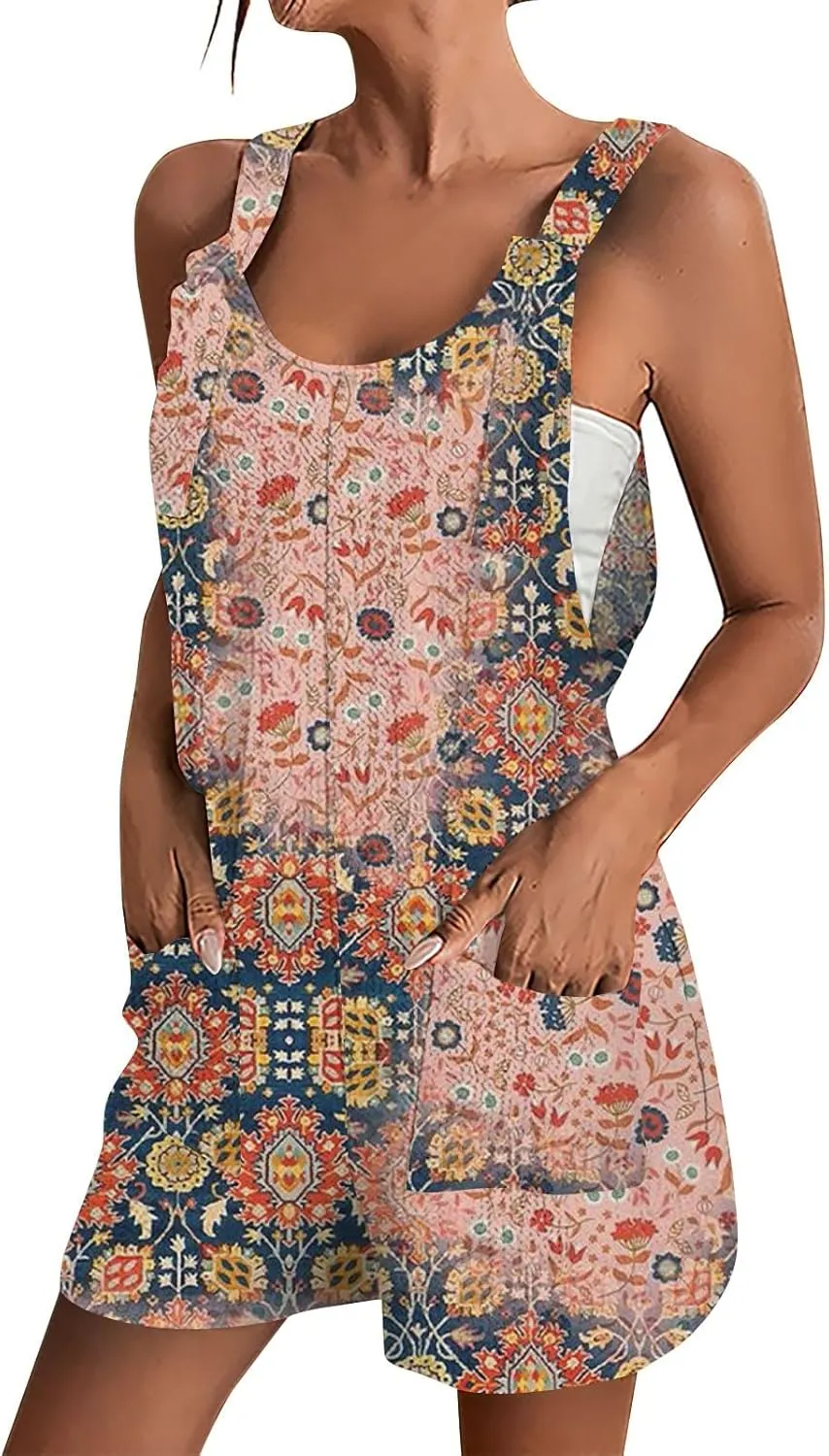 Womens Rompers And Jumpsuits Shorts Summer Casual Sleeveless Graphic Adjustable Strap Loose Fit Overalls With Pockets