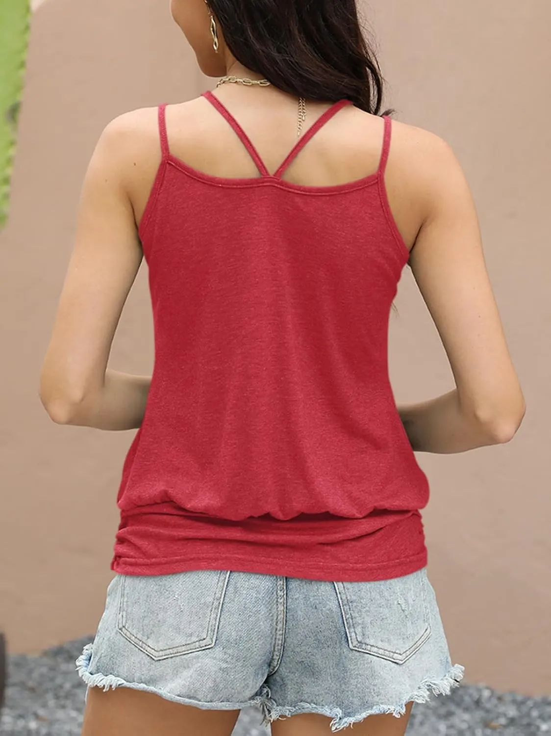 Women's Sexy Spaghetti Strap Tank Tops Banded Bottom Scoop Neck Sleeveless Tops 2025