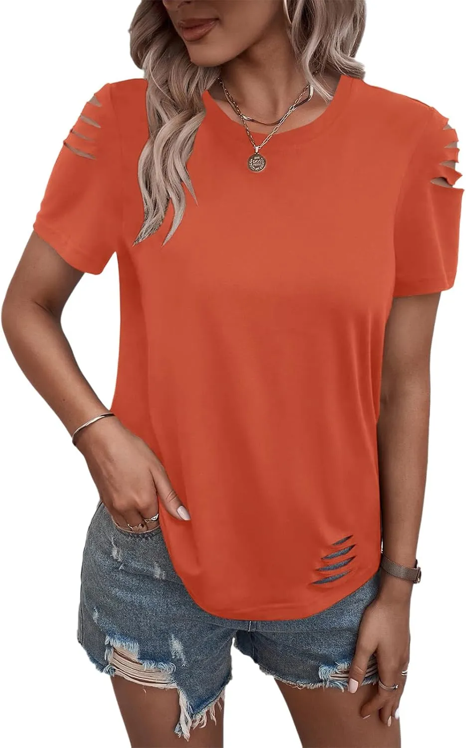 Women's Short Sleeve T Shirts Crew Neck Ripped Cut Out Summer Casual Basic Tees Tops