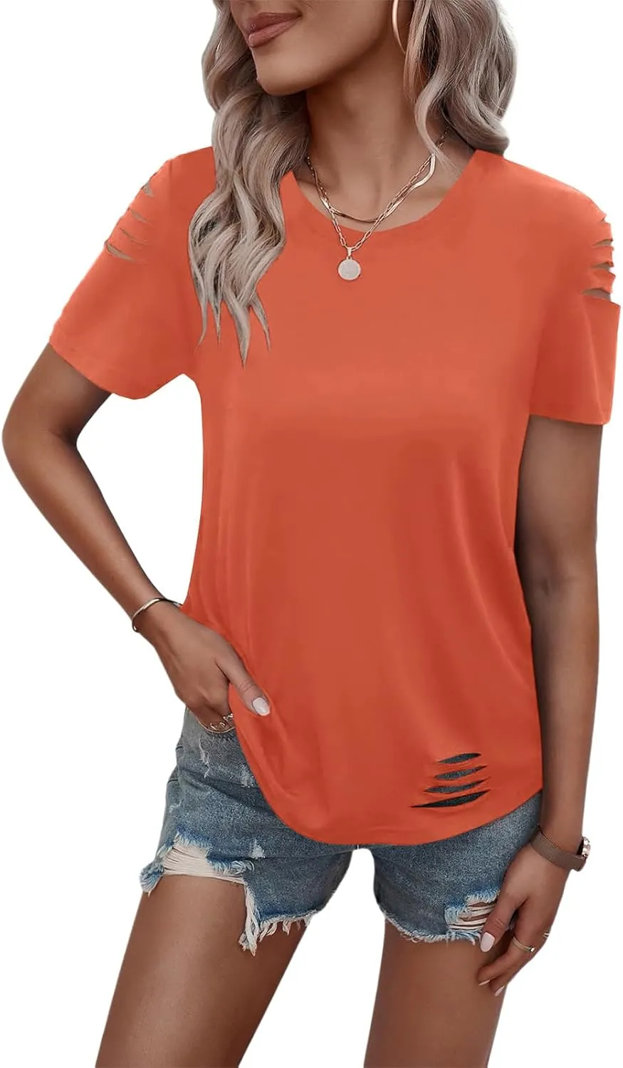 Women's Short Sleeve T Shirts Crew Neck Ripped Cut Out Summer Casual Basic Tees Tops
