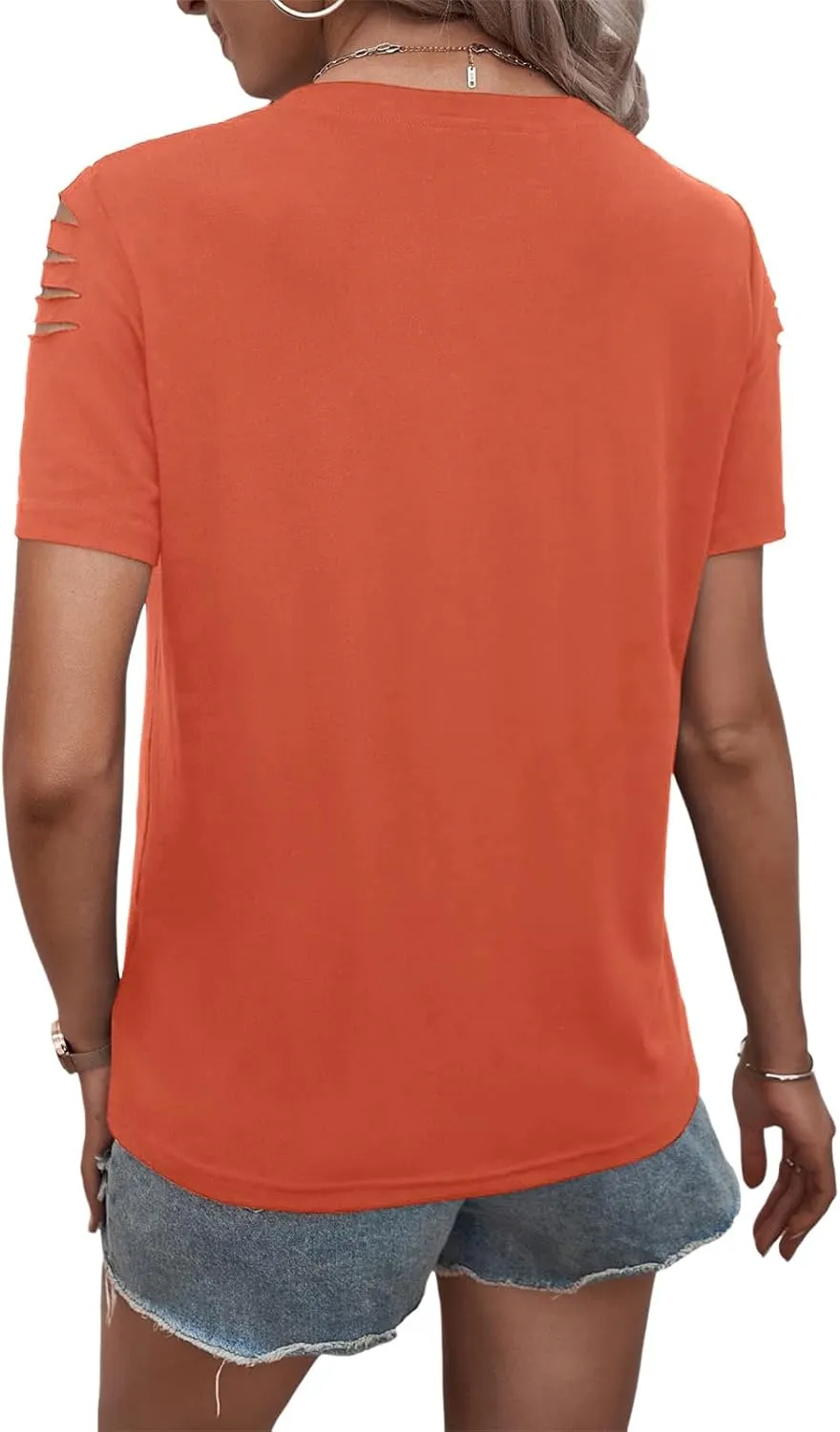 Women's Short Sleeve T Shirts Crew Neck Ripped Cut Out Summer Casual Basic Tees Tops