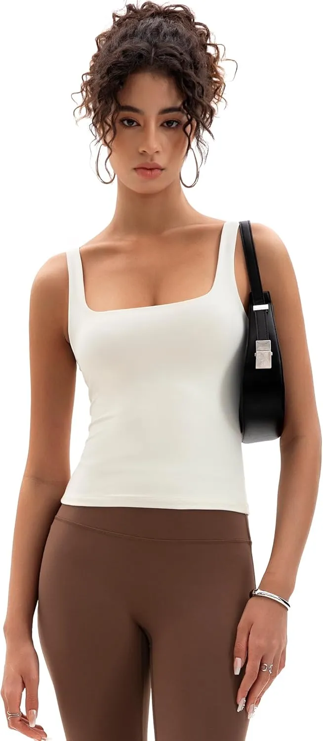 Womens Square Neck Tank Tops Double Lined Basic Tanks Sleeveless 2025 Summer Collection