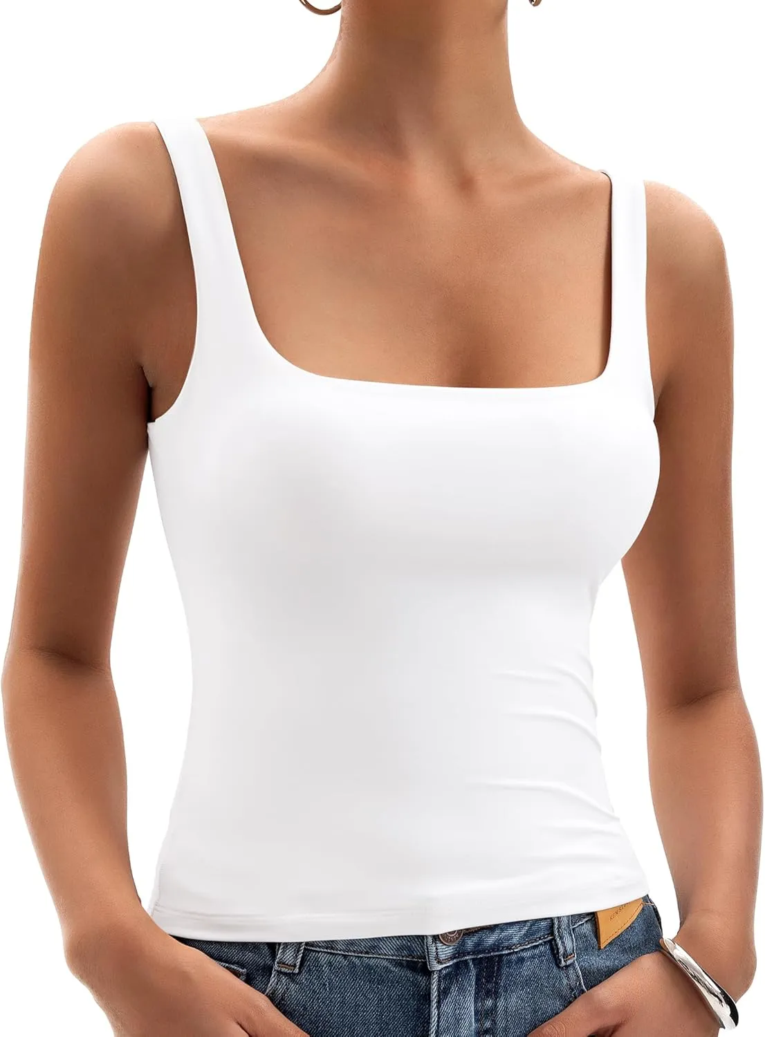 Womens Square Neck Tank Tops Double Lined Basic Tanks Sleeveless 2025 Summer Collection