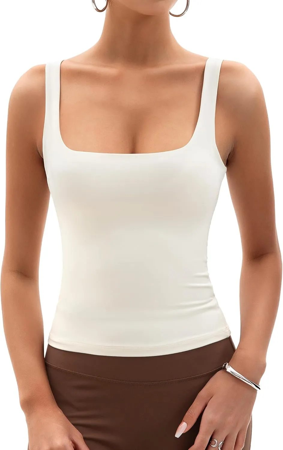 Womens Square Neck Tank Tops Double Lined Basic Tanks Sleeveless 2025 Summer Collection