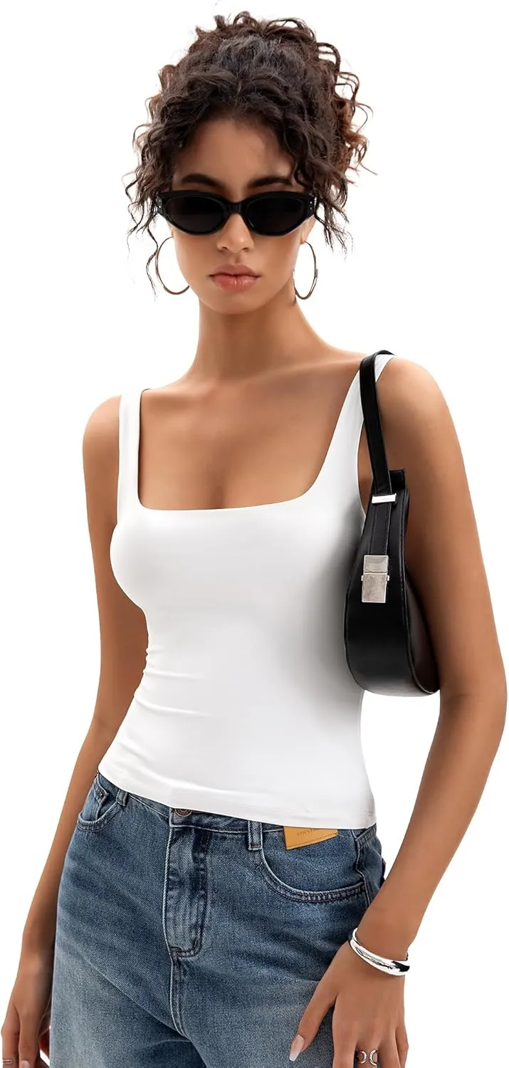 Womens Square Neck Tank Tops Double Lined Basic Tanks Sleeveless 2025 Summer Collection