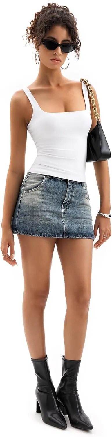 Womens Square Neck Tank Tops Double Lined Basic Tanks Sleeveless 2025 Summer Collection