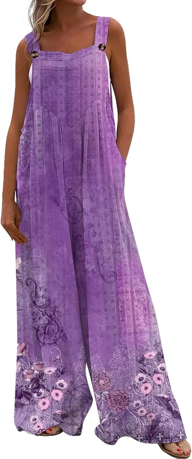 Women's Summer Jumpsuit Casual Sleeveless Jumpsuit Loose Wide Leg Floral Print Jumpsuits with Pockets