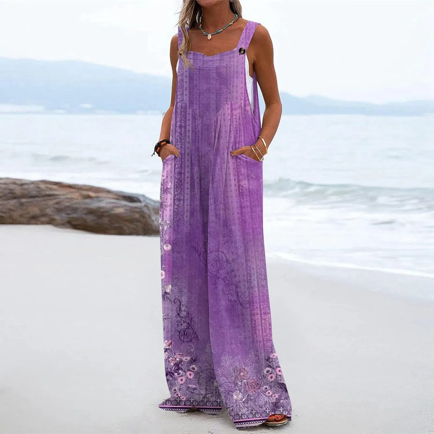 Women's Summer Jumpsuit Casual Sleeveless Jumpsuit Loose Wide Leg Floral Print Jumpsuits with Pockets