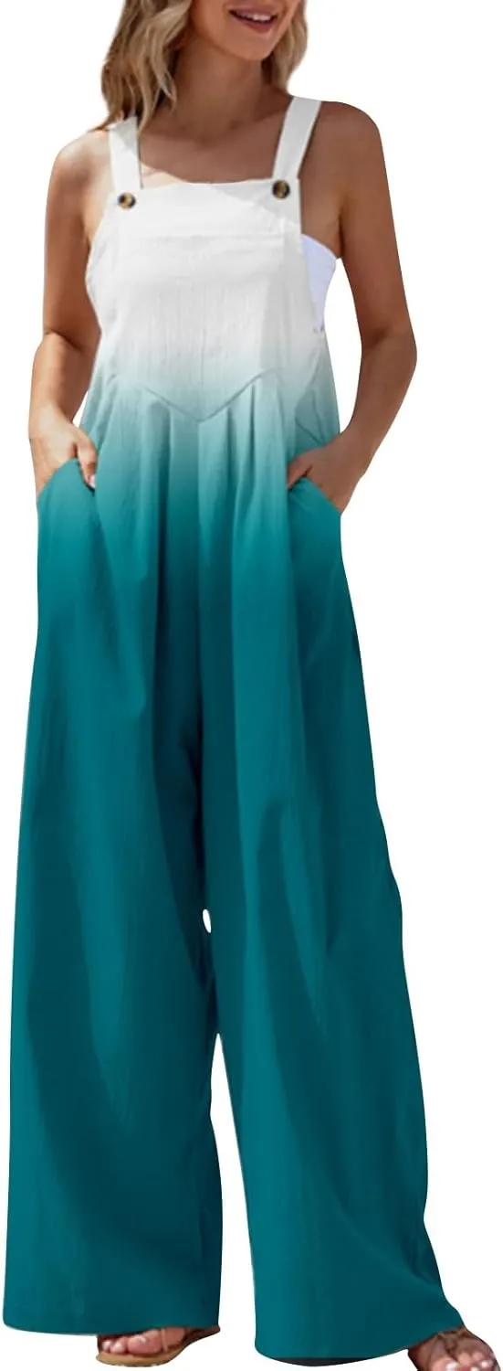 Women's Summer Jumpsuit Casual Sleeveless Jumpsuit Loose Wide Leg Floral Print Jumpsuits with Pockets