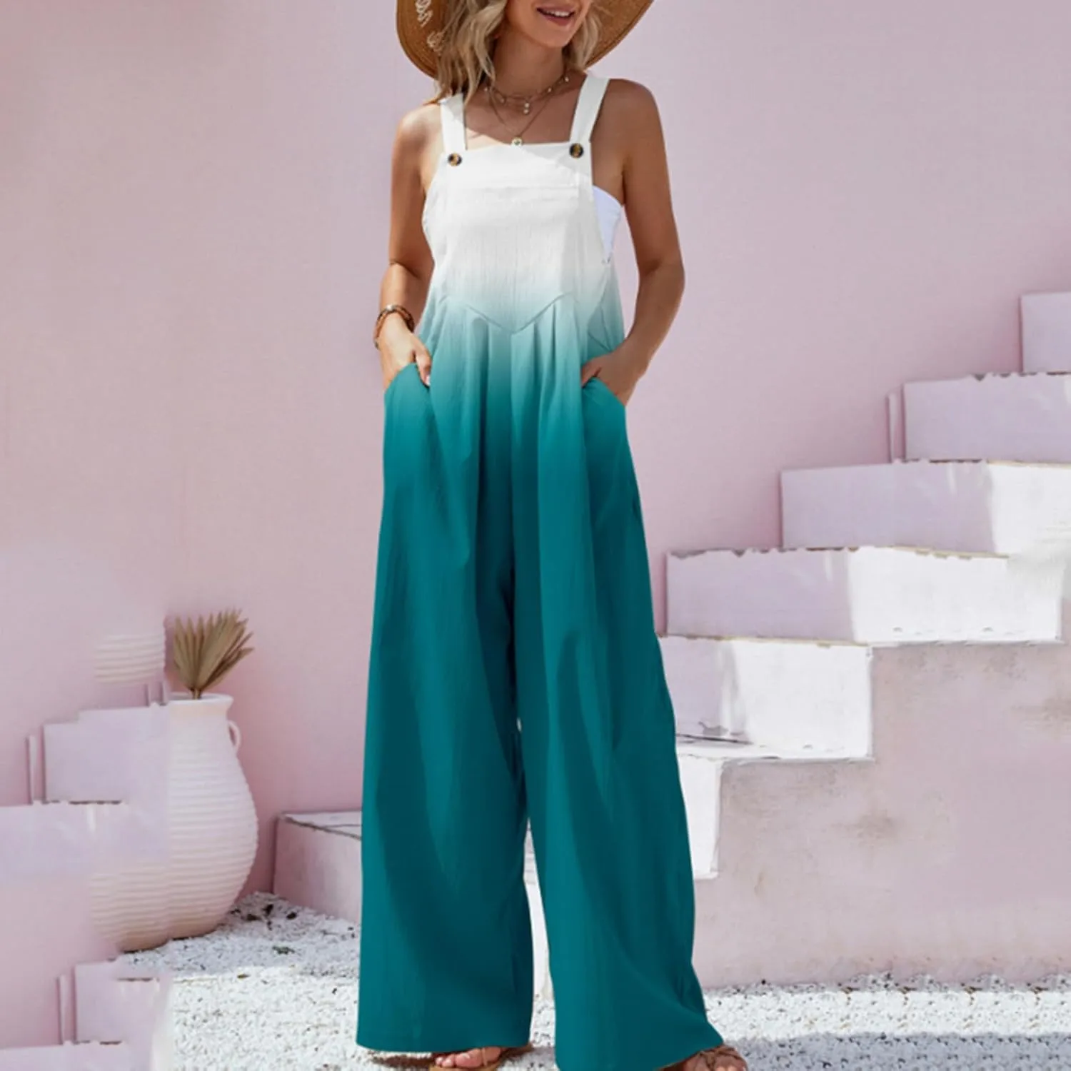 Women's Summer Jumpsuit Casual Sleeveless Jumpsuit Loose Wide Leg Floral Print Jumpsuits with Pockets