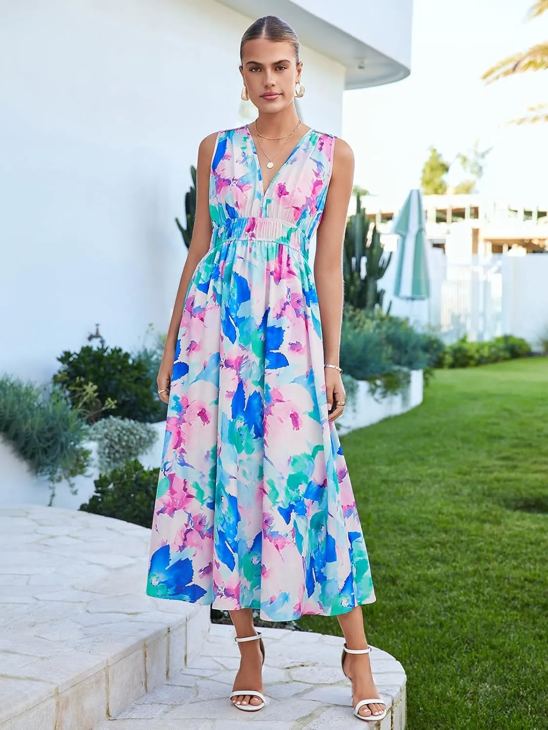 Womens Summer Sleeveless V Neck Boho Long Dress Floral Print Midi Sundress