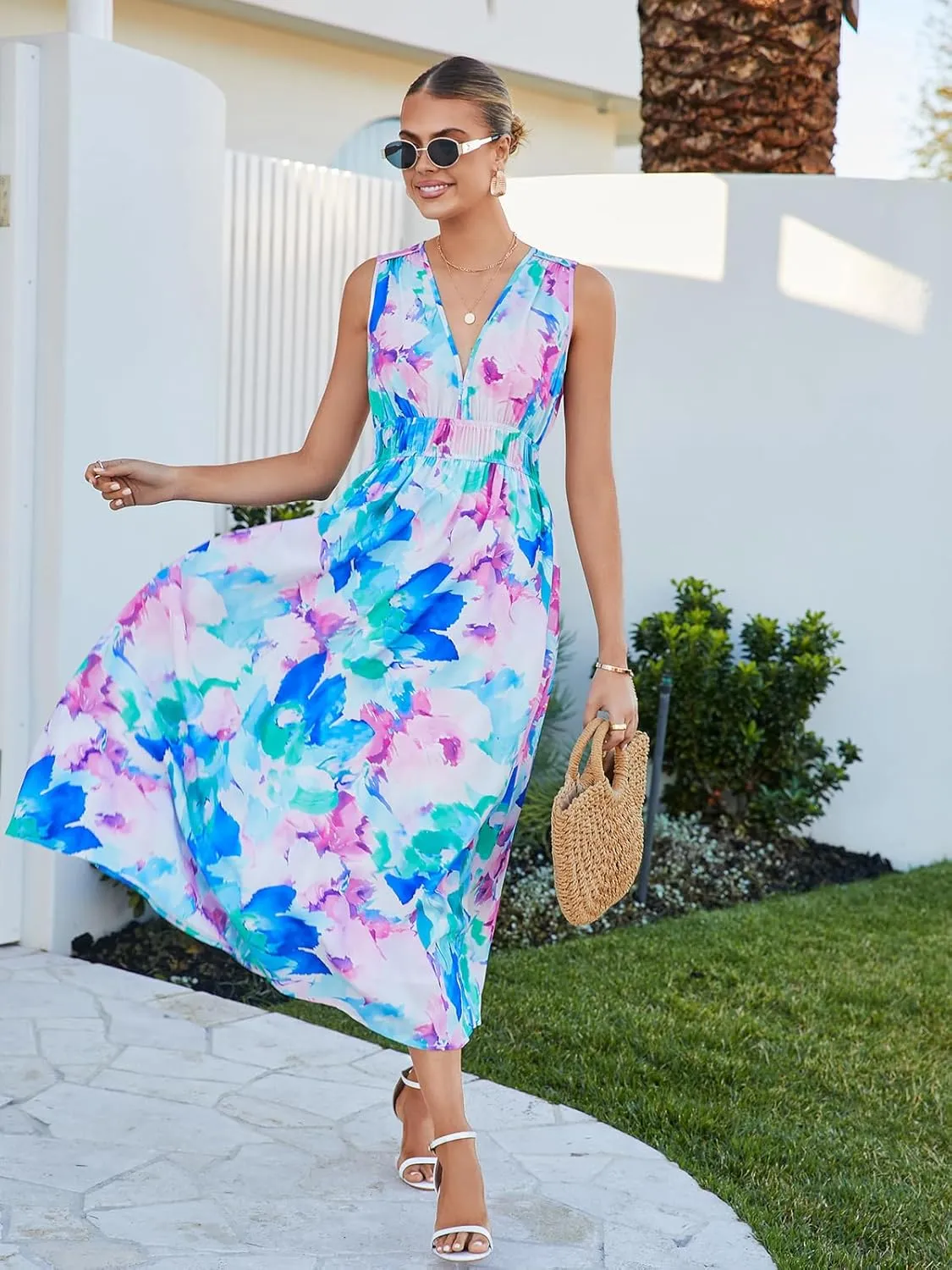 Womens Summer Sleeveless V Neck Boho Long Dress Floral Print Midi Sundress