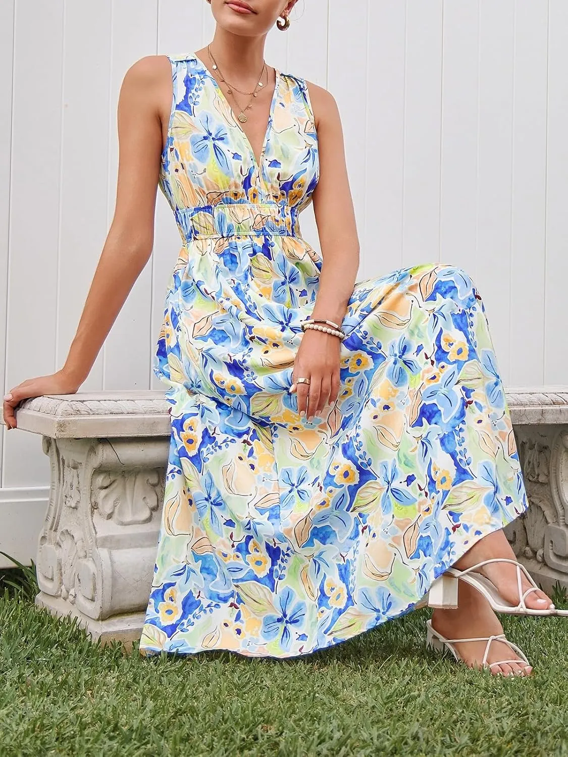 Womens Summer Sleeveless V Neck Boho Long Dress Floral Print Midi Sundress