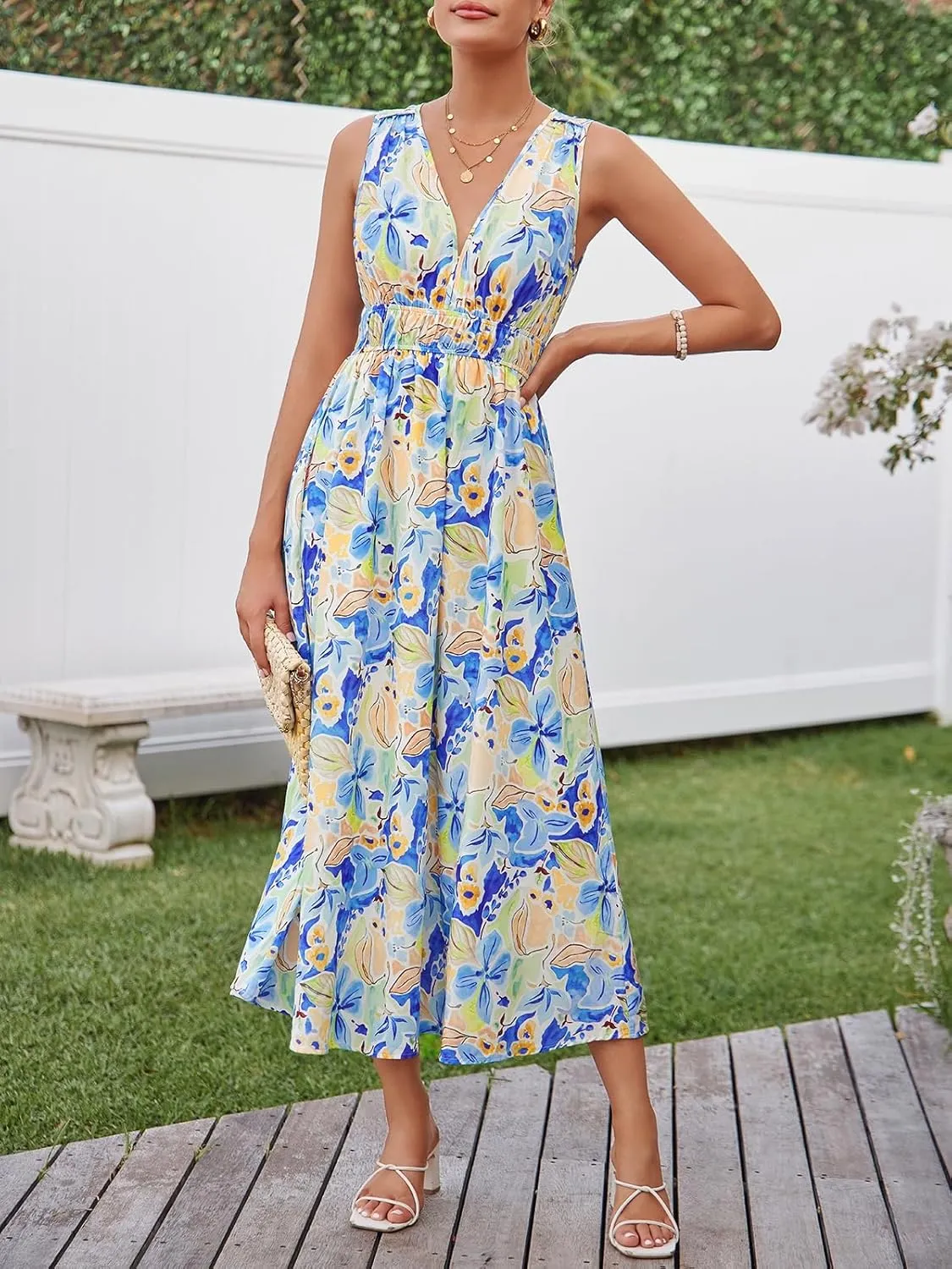 Womens Summer Sleeveless V Neck Boho Long Dress Floral Print Midi Sundress