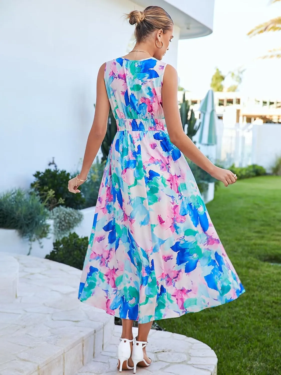 Womens Summer Sleeveless V Neck Boho Long Dress Floral Print Midi Sundress