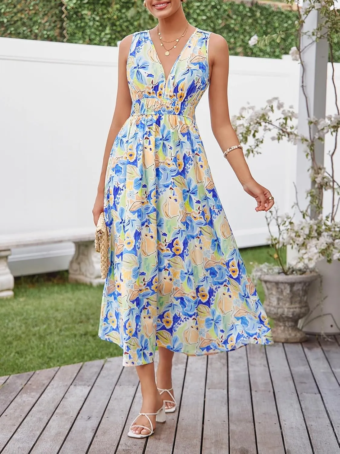 Womens Summer Sleeveless V Neck Boho Long Dress Floral Print Midi Sundress