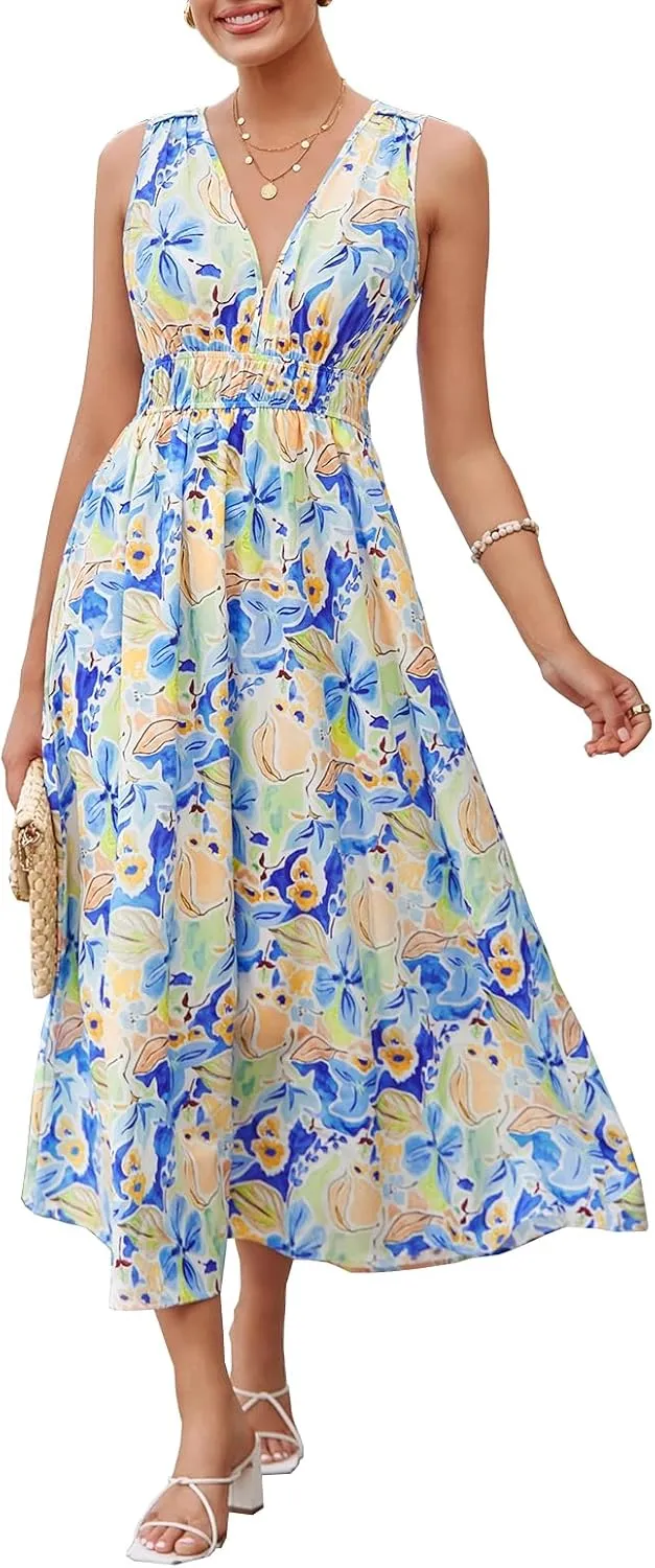 Womens Summer Sleeveless V Neck Boho Long Dress Floral Print Midi Sundress