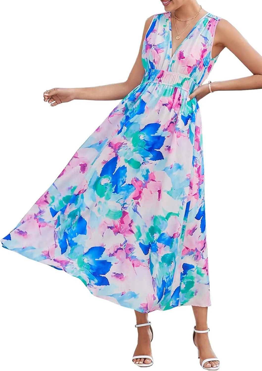 Womens Summer Sleeveless V Neck Boho Long Dress Floral Print Midi Sundress