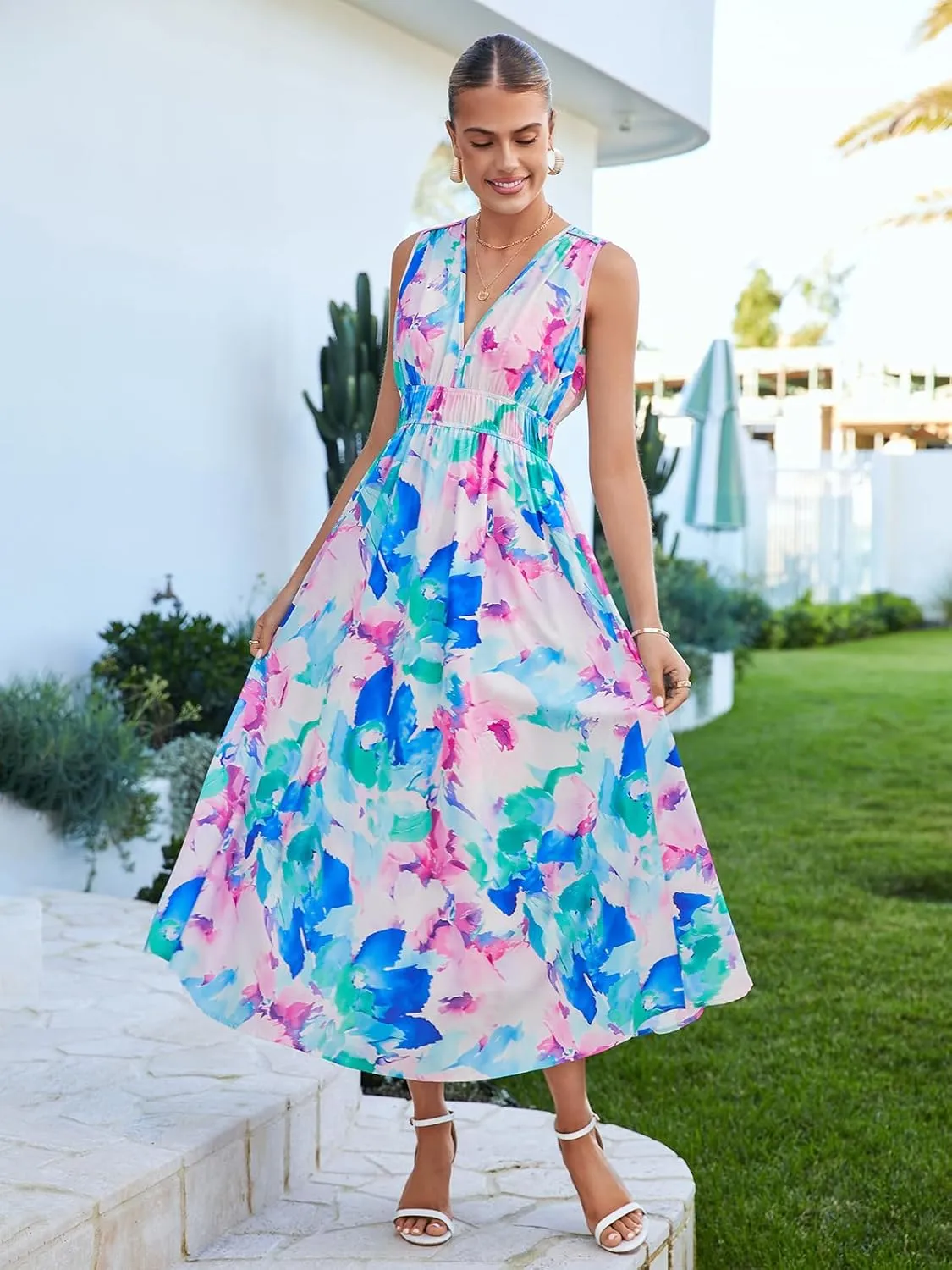 Womens Summer Sleeveless V Neck Boho Long Dress Floral Print Midi Sundress