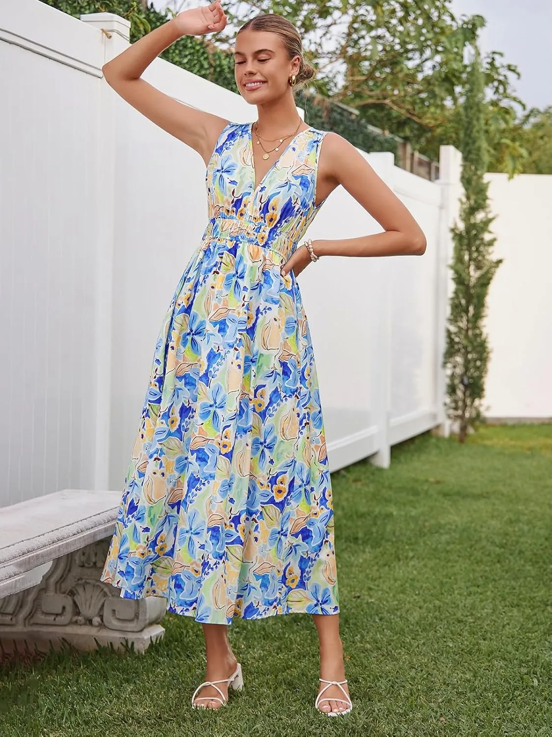 Womens Summer Sleeveless V Neck Boho Long Dress Floral Print Midi Sundress