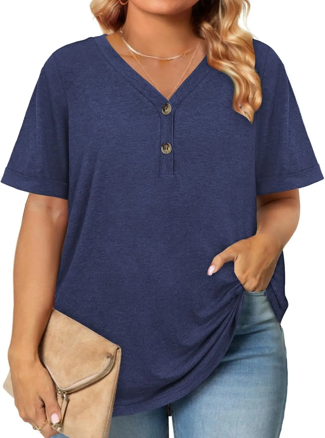 Womens Summer Tops Trendy Button Down V Neck Shirts Short Sleeve Blouses Business Casual Loose Tunics